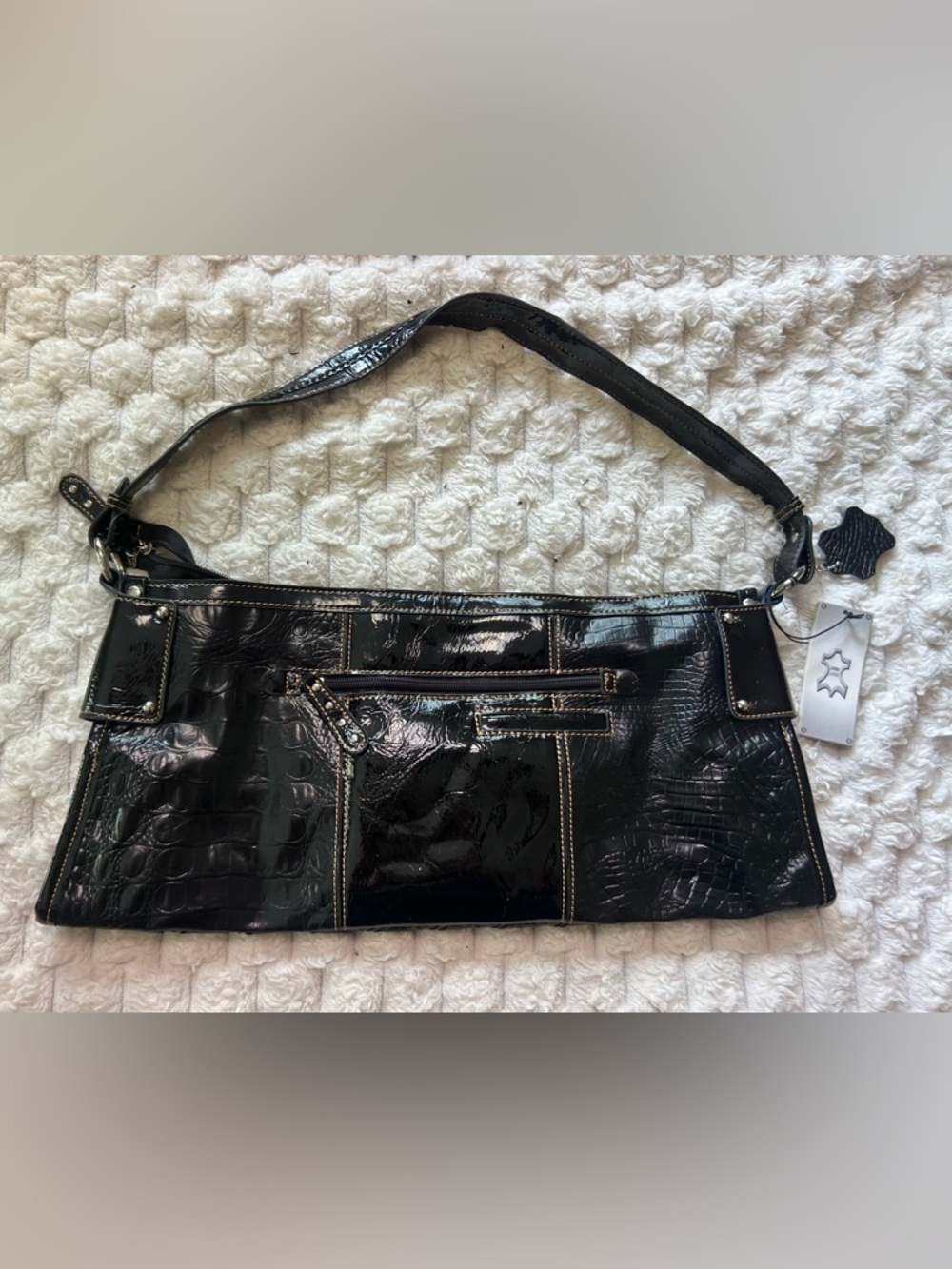 NWT Gift for Mom Genuine Leather Croc-Embossed Black Shoulder Bag